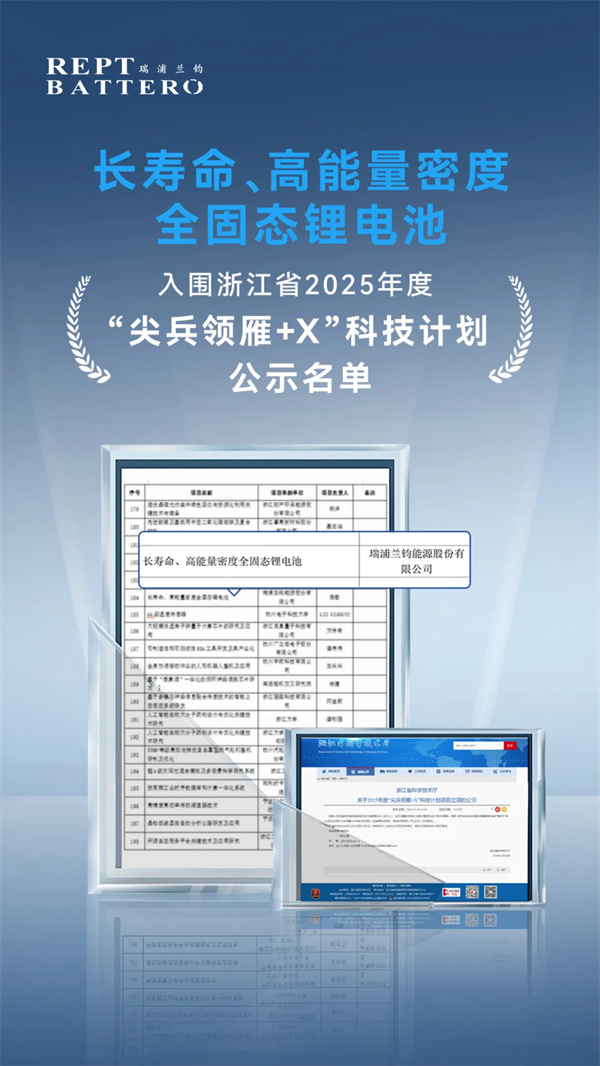 瑞浦蘭鈞固態電池項目入圍浙江省“尖兵領雁+X”科技計劃公示 半固態電池已裝車測試